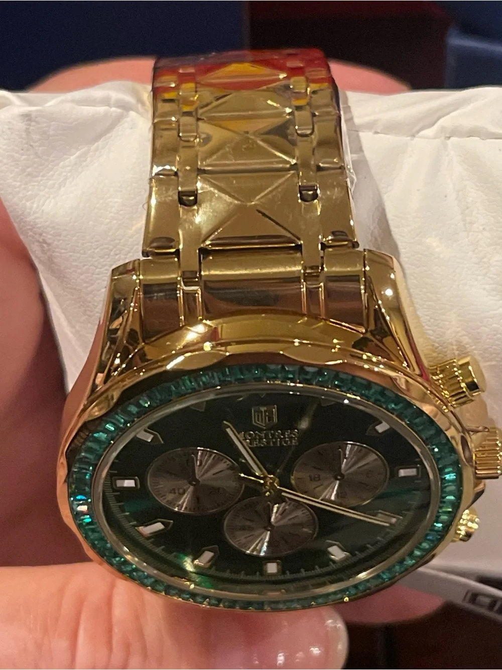 Invicta Gold-Tone Watch with Green Dial and Crystal Bezel